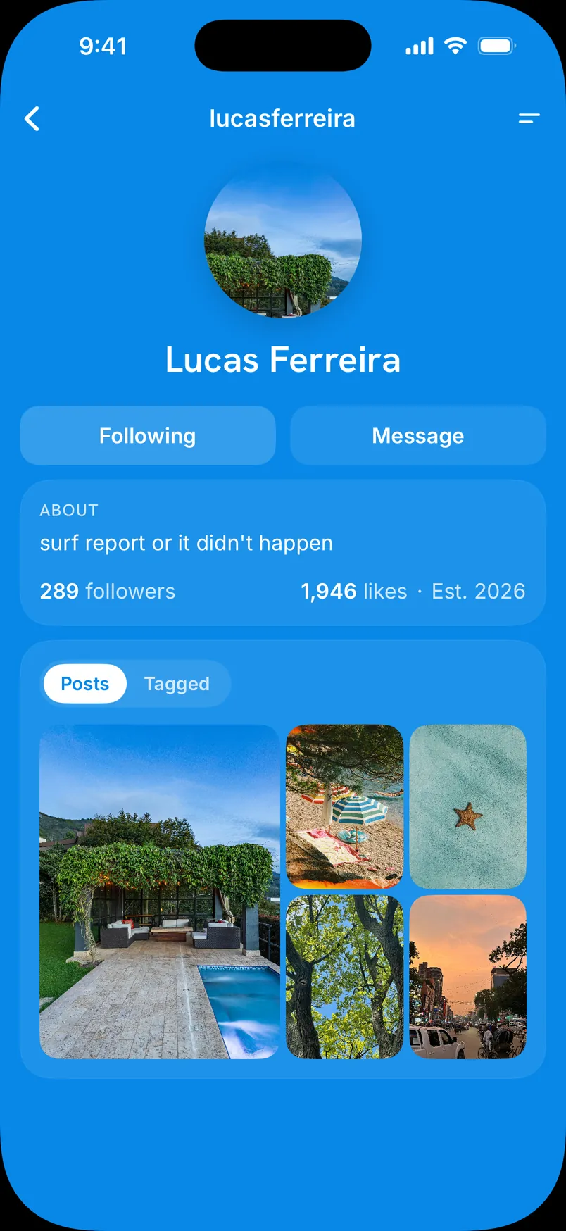 Three Clique profiles taking turns, each in the main color of its own profile picture: blue, sage and clay