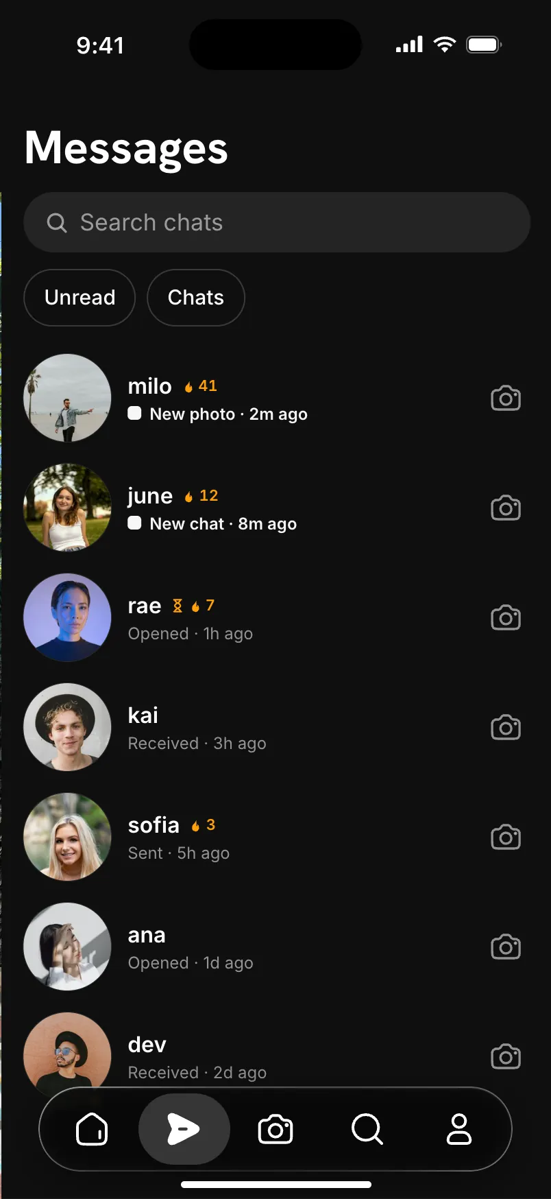 Messages: chats with photo streaks beside each name